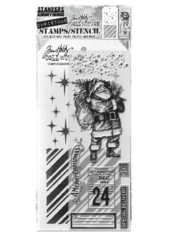 Tim Holtz Mixed-Media Stamps & Stencil Set — Vintage Holiday, Sparkle, and Peppermint