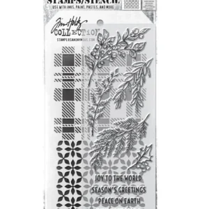Tim Holtz Mixed-Media Stamps & Stencil Set — Sketch Greenery, Plaid and Nordic