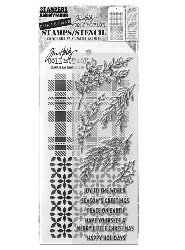 Tim Holtz Mixed-Media Stamps & Stencil Set — Sketch Greenery, Plaid and Nordic