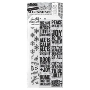 Tim Holtz Mixed-Media Stamps & Stencil Set — Bold Tidings, Flurries and Gatherings