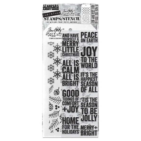 Tim Holtz Mixed-Media Stamps & Stencil Set — Bold Tidings, Flurries and Gatherings