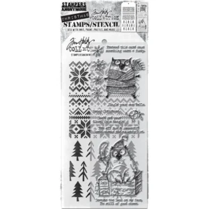 Tim Holtz Mixed-Media Stamps & Stencil Set — Snarky Cat Christmas, Holiday Knit and Pines