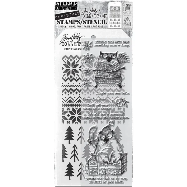 Tim Holtz Mixed-Media Stamps & Stencil Set — Snarky Cat Christmas, Holiday Knit and Pines