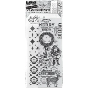 Tim Holtz Mixed-Media Stamps & Stencil Set — Festive Overlay, Starry and Rosette