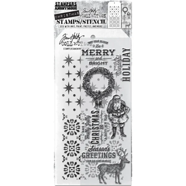 Tim Holtz Mixed-Media Stamps & Stencil Set — Festive Overlay, Starry and Rosette