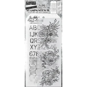 Tim Holtz Mixed-Media Stamps & Stencil Set — Floral Outlines, Schoolhouse and Dot Fade