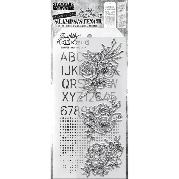 Tim Holtz Mixed-Media Stamps & Stencil Set — Floral Outlines, Schoolhouse and Dot Fade