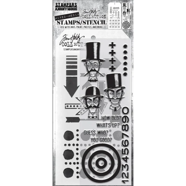 Tim Holtz Mixed-Media Stamps & Stencil Set — Inquisitive, Arrows and Dotted Line