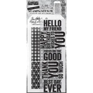 Tim Holtz Mixed-Media Stamps & Stencil Set — Bold Sayings, Grid Dot and Diamonds