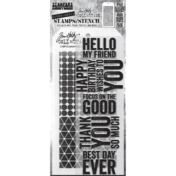 Tim Holtz Mixed-Media Stamps & Stencil Set — Bold Sayings, Grid Dot and Diamonds