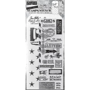 Tim Holtz Mixed-Media Stamps & Stencil Set — Correspondence, Direction and Shifter Stars