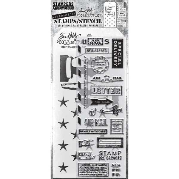 Tim Holtz Mixed-Media Stamps & Stencil Set — Correspondence, Direction and Shifter Stars