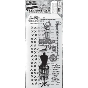 Tim Holtz Mixed-Media Stamps & Stencil Set — Haberdashery, Stitched and Dashes