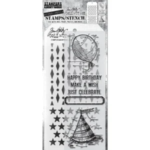 Tim Holtz Mixed-Media Stamps & Stencil Set — Birthday, Diamond Dot and Stars