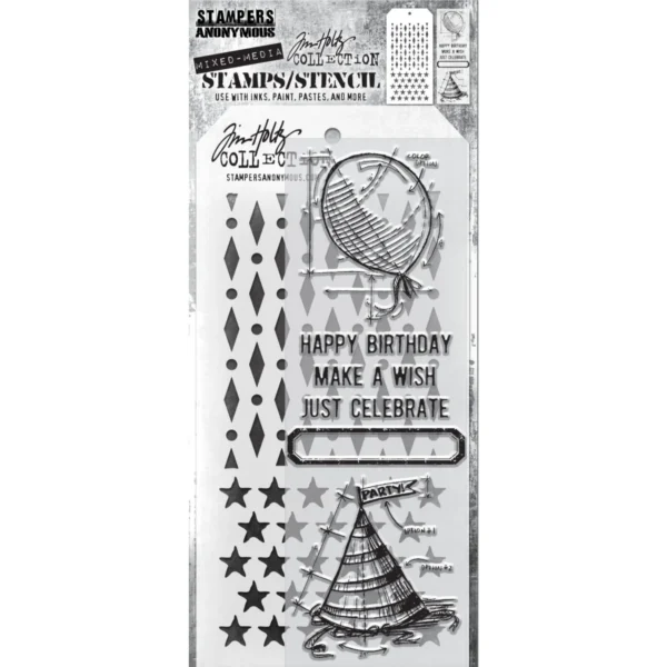 Tim Holtz Mixed-Media Stamps & Stencil Set — Birthday, Diamond Dot and Stars