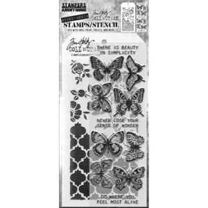 Tim Holtz Mixed-Media Stamps & Stencil Set — Flutter, Floral and Trellis