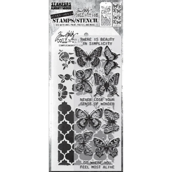 Tim Holtz Mixed-Media Stamps & Stencil Set — Flutter, Floral and Trellis