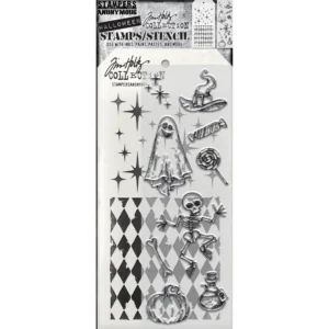 Tim Holtz Mixed-Media Stamps & Stencil Set — Halloween Doodles, Harlequin and Sparkle