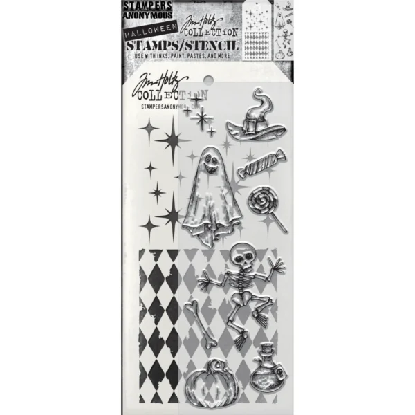 Tim Holtz Mixed-Media Stamps & Stencil Set — Halloween Doodles, Harlequin and Sparkle