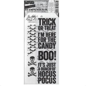 Tim Holtz Mixed-Media Stamps & Stencil Set — Bold Frights, Crossbones and Batground