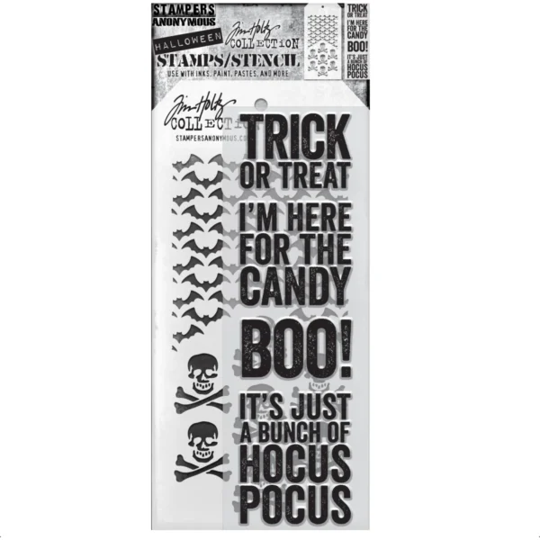 Tim Holtz Mixed-Media Stamps & Stencil Set — Bold Frights, Crossbones and Batground