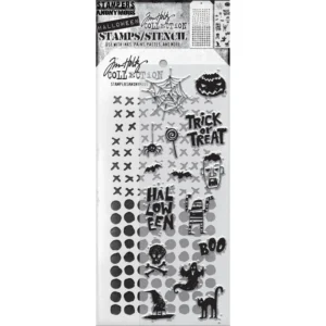Tim Holtz Mixed-Media Stamps & Stencil Set — Spooky Scribbles, Stitches and Dotted