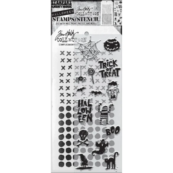 Tim Holtz Mixed-Media Stamps & Stencil Set — Spooky Scribbles, Stitches and Dotted