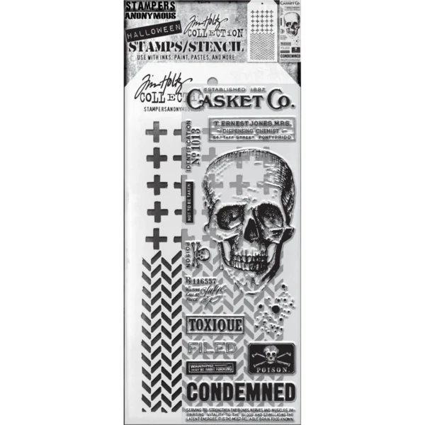 Tim Holtz Mixed-Media Stamps & Stencil Set — Rest in Peace, Herringbone and Plus