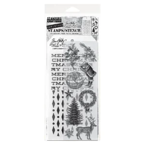 Tim Holtz Mixed-Media Stamps & Stencil Set — Holiday Things, Diamond Dot and Merry Christmas