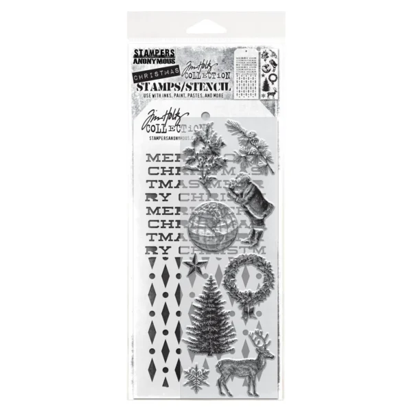 Tim Holtz Mixed-Media Stamps & Stencil Set — Holiday Things, Diamond Dot and Merry Christmas