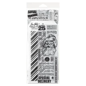 Tim Holtz Mixed-Media Stamps & Stencil Set — Jolly Santa, Peppermint and Tinsel