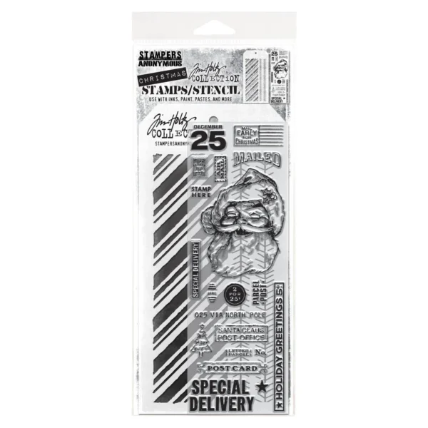 Tim Holtz Mixed-Media Stamps & Stencil Set — Jolly Santa, Peppermint and Tinsel