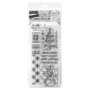 Tim Holtz Mixed-Media Stamps & Stencil Set — Winter Blueprints, Flurries and Holiday Knit
