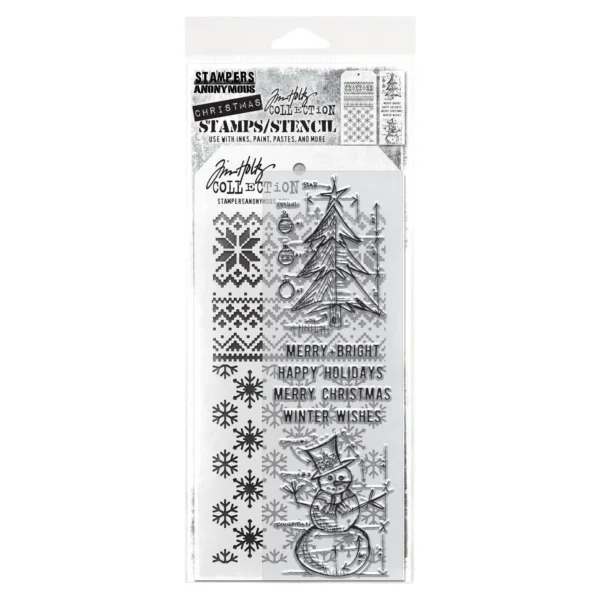 Tim Holtz Mixed-Media Stamps & Stencil Set — Winter Blueprints, Flurries and Holiday Knit