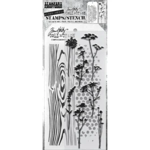 Tim Holtz Mixed-Media Stamps & Stencil Set — Wildflower Silhouettes, Woodgrain, and Dot Fade