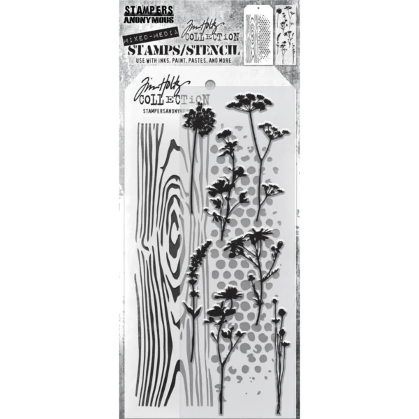 Tim Holtz Mixed-Media Stamps & Stencil Set — Wildflower Silhouettes, Woodgrain, and Dot Fade