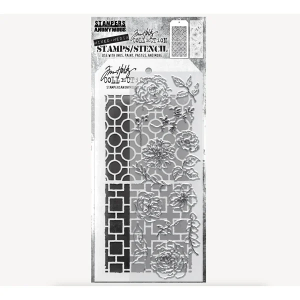 Tim Holtz Mixed-Media Stamps & Stencil Set — Floral Elements, Linked Circles and Linked Squares