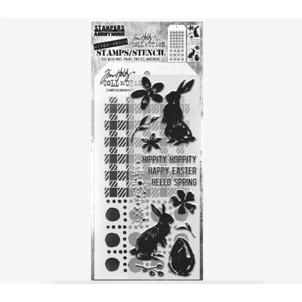 Tim Holtz Mixed-Media Stamps & Stencil Set — Spring Shadows, Gingham, and Dotted Line