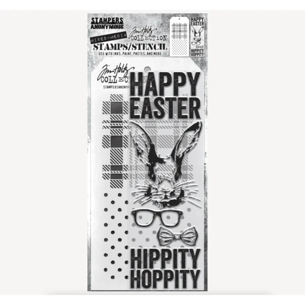Tim Holtz Mixed-Media Stamps & Stencil Set — Hipster Bunny, Plaid and Polkadot