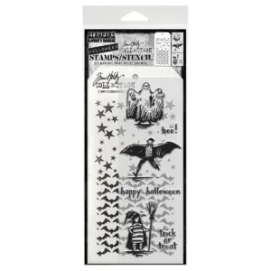 Tim Holtz Mixed-Media Stamps & Stencil Set — Halloween Sketchbook, Batground, Falling Stars