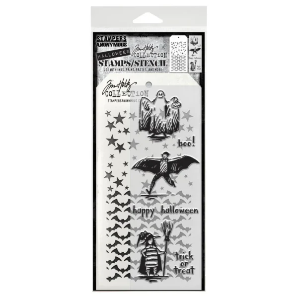 Tim Holtz Mixed-Media Stamps & Stencil Set — Halloween Sketchbook, Batground, Falling Stars
