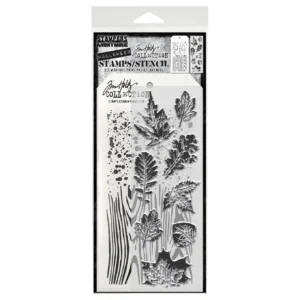 Tim Holtz Mixed-Media Stamps & Stencil Set — Leaf Prints 2, Speckles and Woodgrain