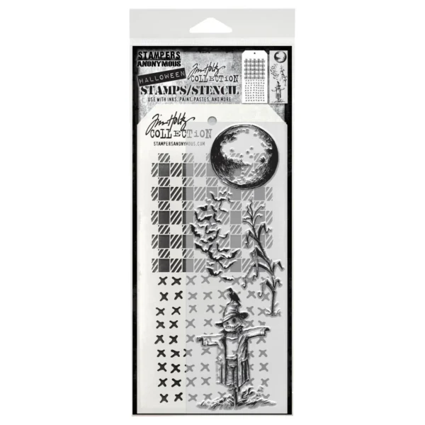 Tim Holtz Mixed-Media Stamps & Stencil Set — The Scarecrow, Gingham and Stitches