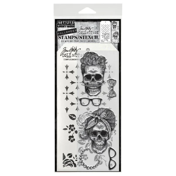 Tim Holtz Mixed-Media Stamps & Stencil Set — Wicked Hipsters, Roses and Crossed