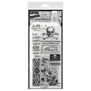 Tim Holtz Mixed-Media Stamps & Stencil Set — Undertaker, Deco Arch and Script