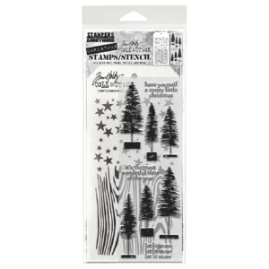 Tim Holtz Mixed-Media Stamps & Stencil Set — Bottlebrush Trees, Woodgrain and Falling Stars