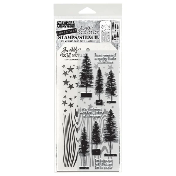 Tim Holtz Mixed-Media Stamps & Stencil Set — Bottlebrush Trees, Woodgrain and Falling Stars