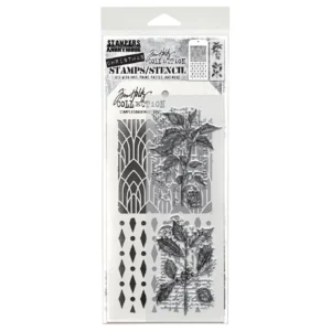 Tim Holtz Mixed-Media Stamps & Stencil Set — Festive Collage, Deco Arch and Diamond Dots
