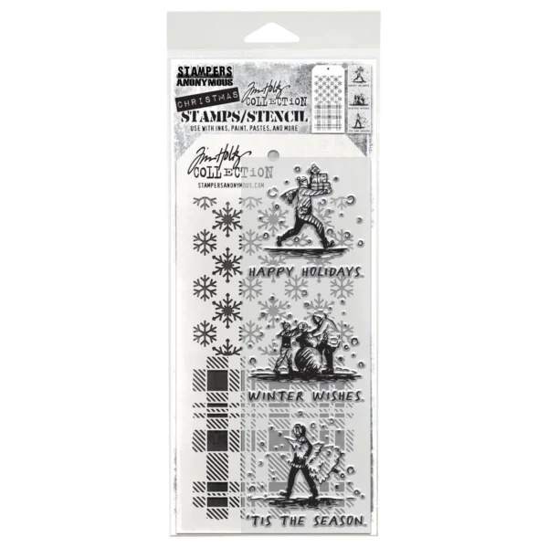 Tim Holtz Mixed-Media Stamps & Stencil Set — Holiday Sketchbook, Plaid and Flurries
