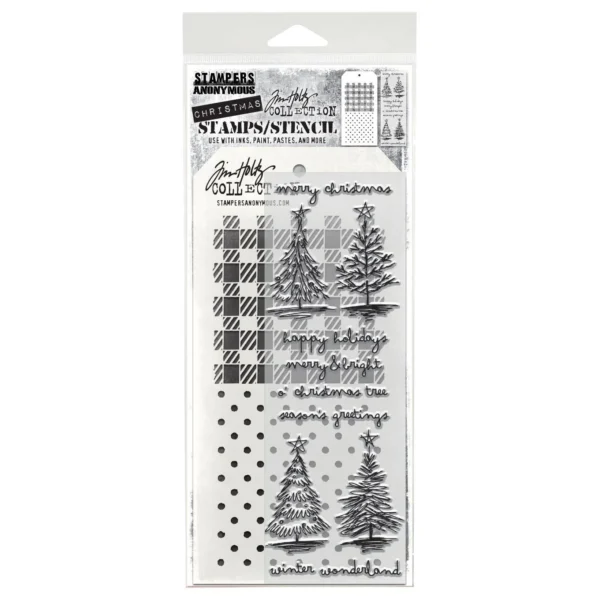 Tim Holtz Mixed-Media Stamps & Stencil Set — Scribbly Christmas, Gingham and Polkadots